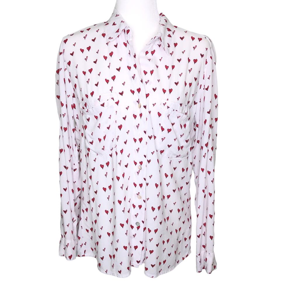 Just Living Red Hearts Long Sleeve Roll Tab Rayon Blouse